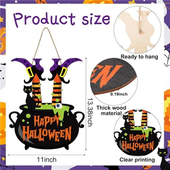 Halloween Witch Door Sign Happy Halloween Wooden Sign Plaque Witch Leg Front - Picture 3 of 8
